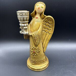 Vintage MCM Schmid Bros Gold Eyelash Angel Taper Candle Holder Christmas Retro